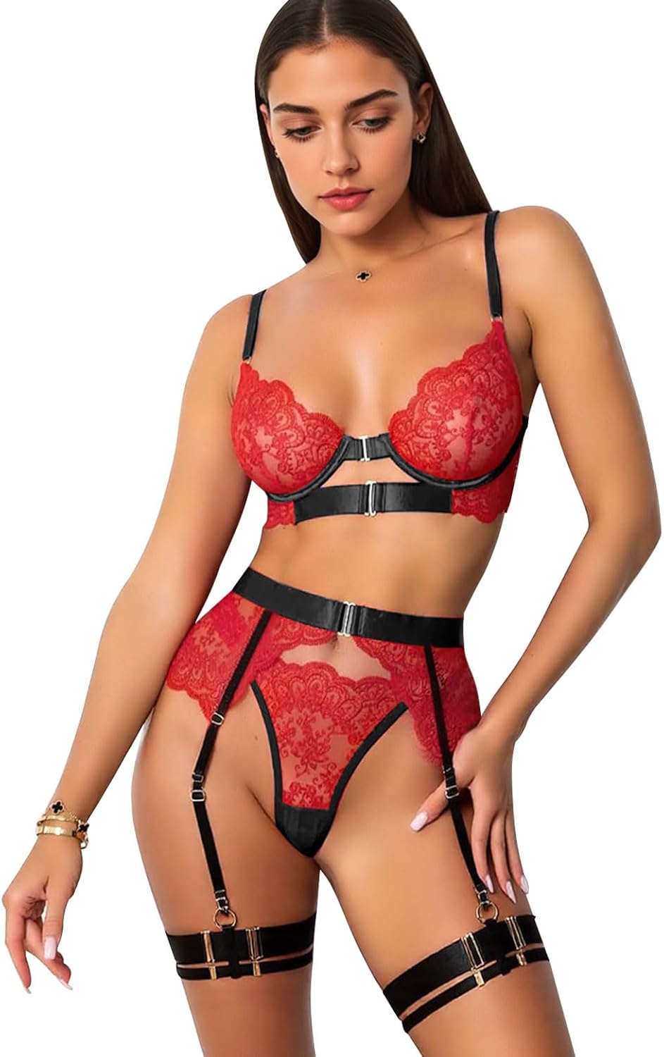 Floral Embroidery Mesh Lingerie - 3-Piece Set - Image 8