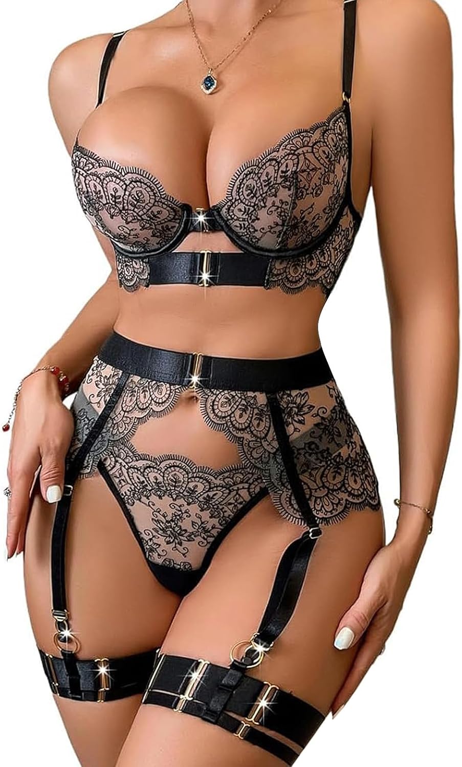 Floral Embroidery Mesh Lingerie - 3-Piece Set