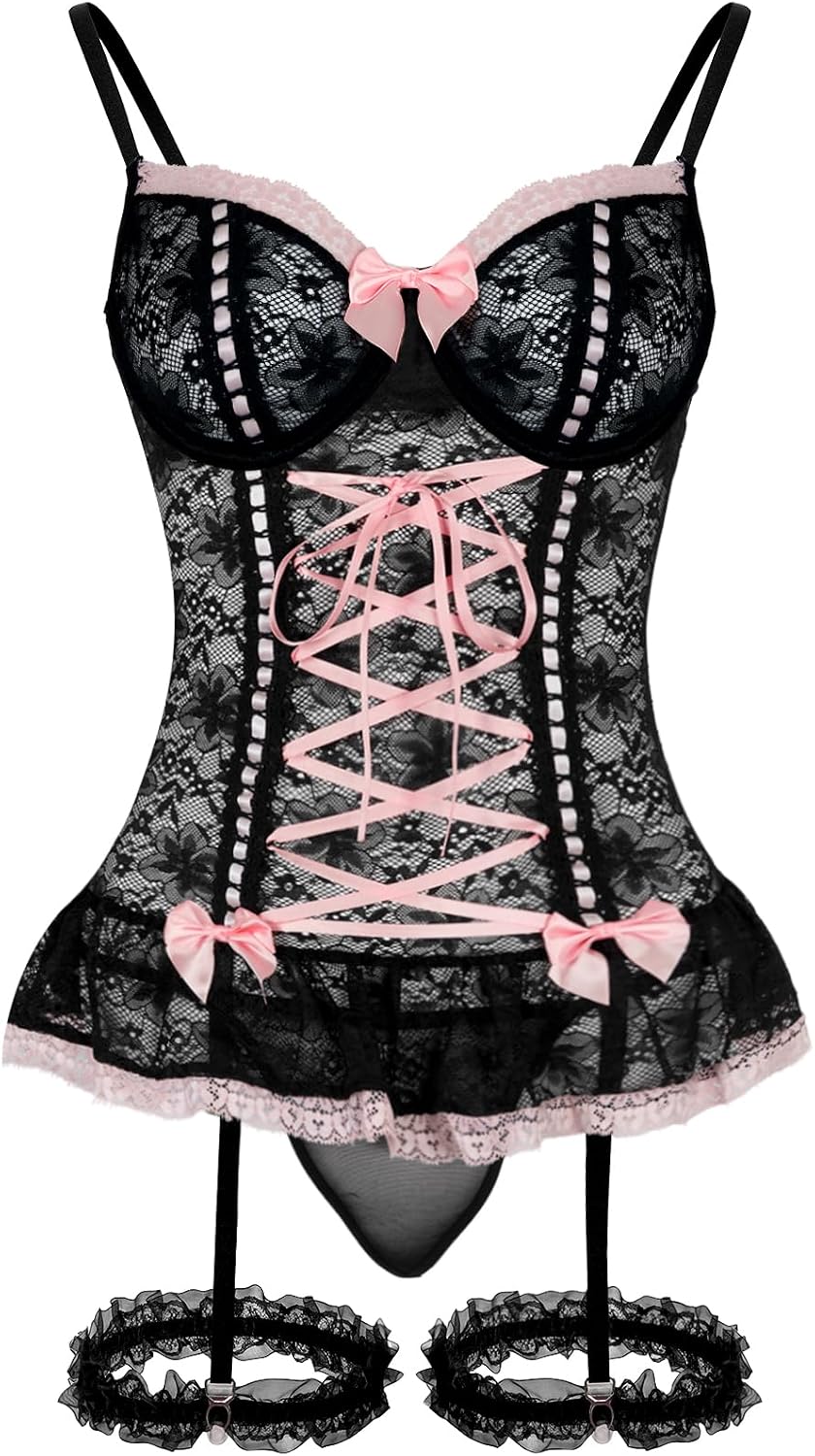 Black Red Lace Corset Set - Image 13