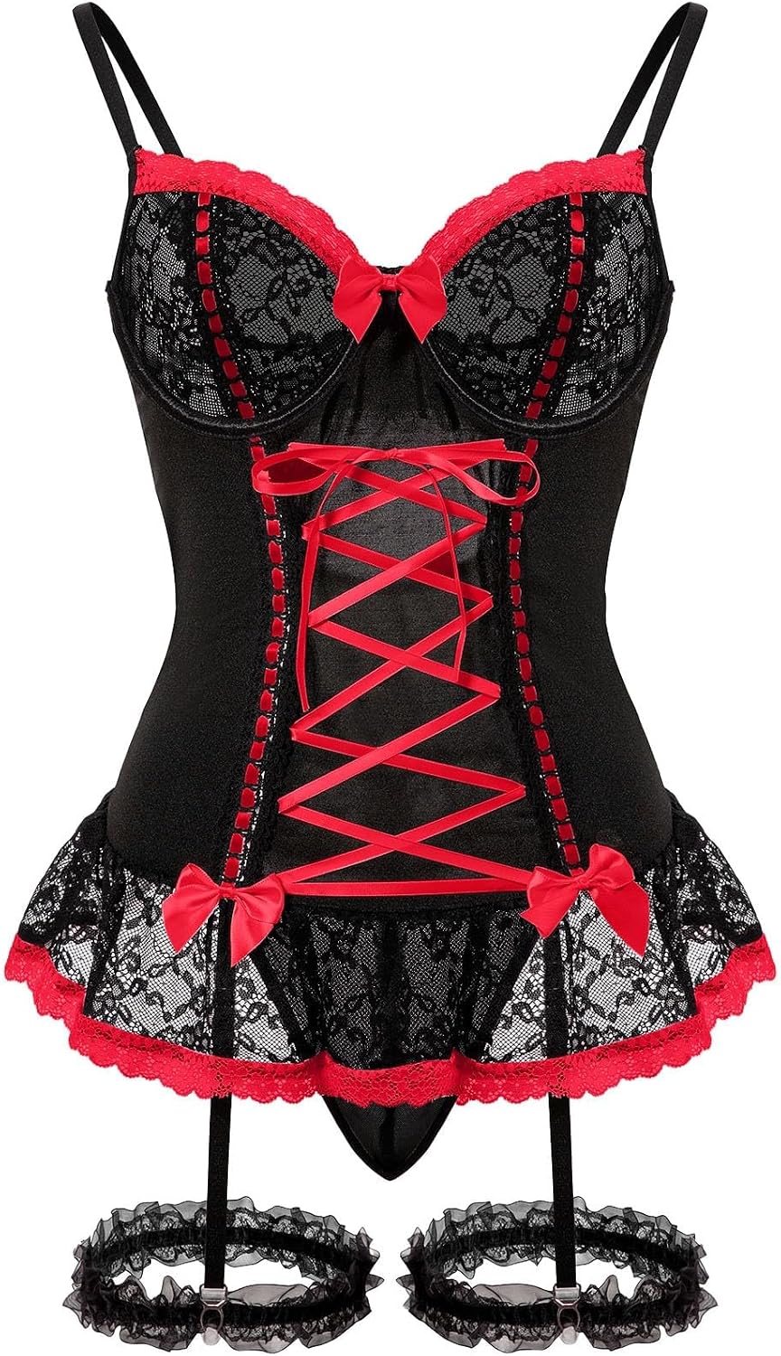 Black Red Lace Corset Set