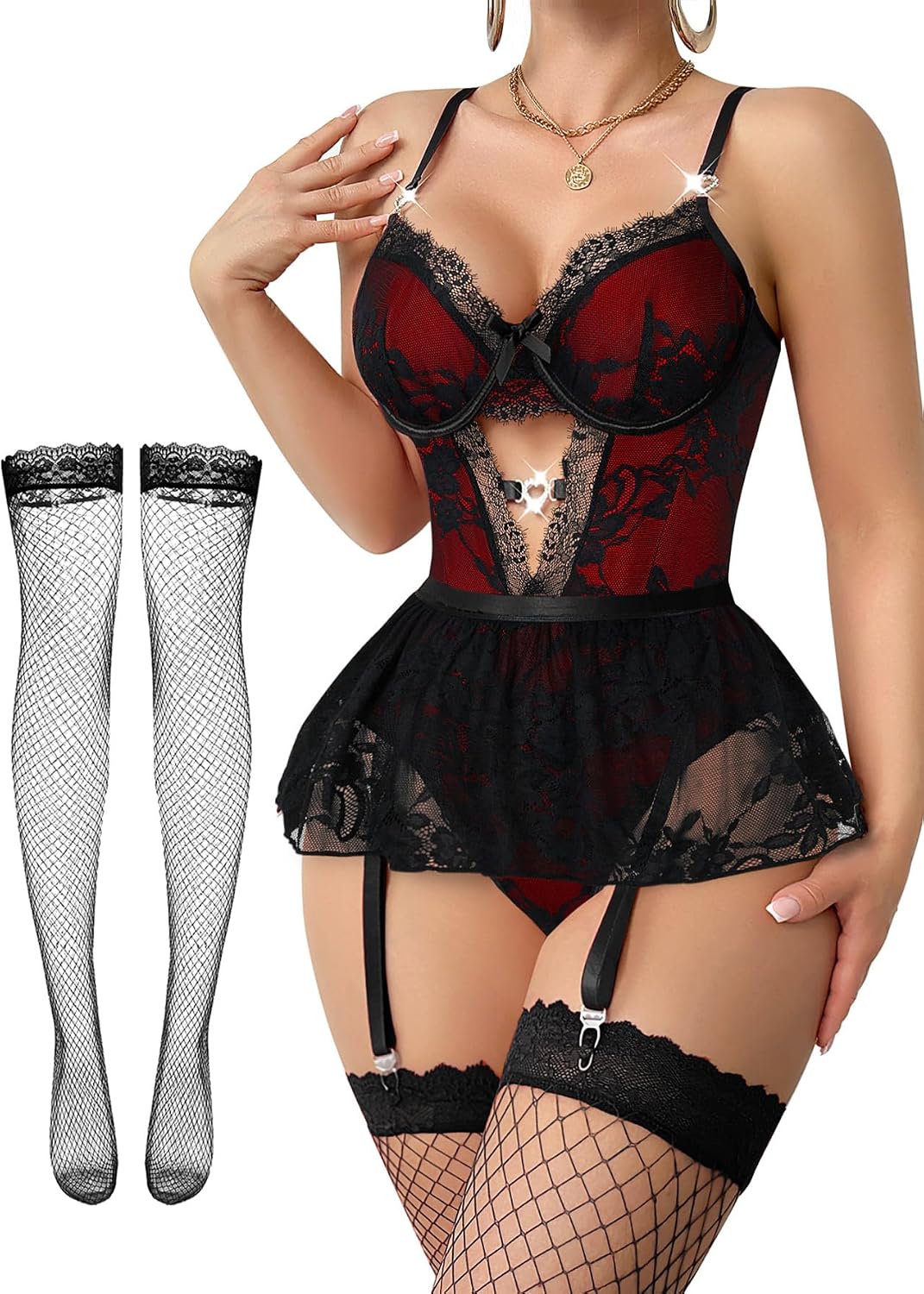 Red Lace Mesh Lingerie Set - Image 11