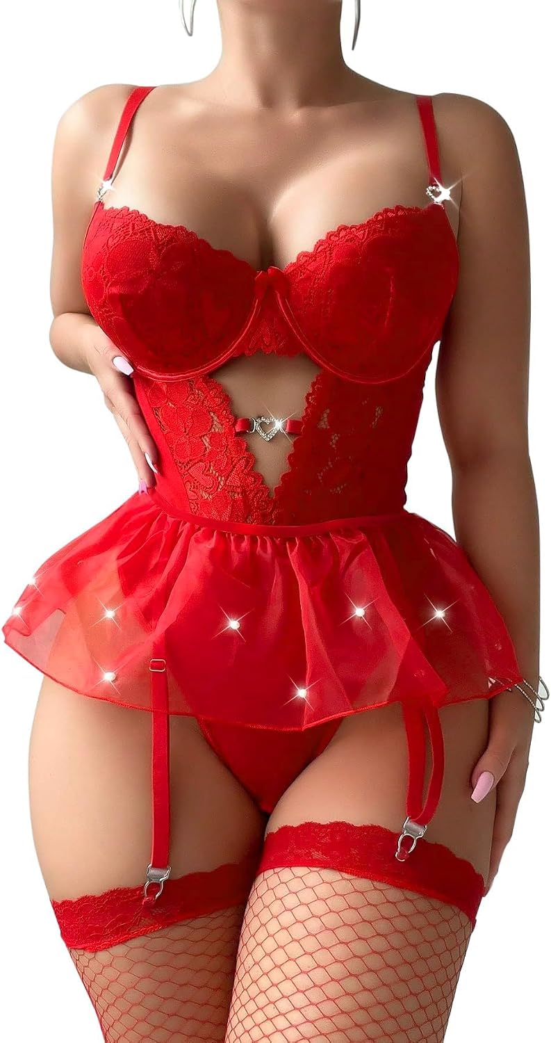 Red Lace Mesh Lingerie Set - Image 36
