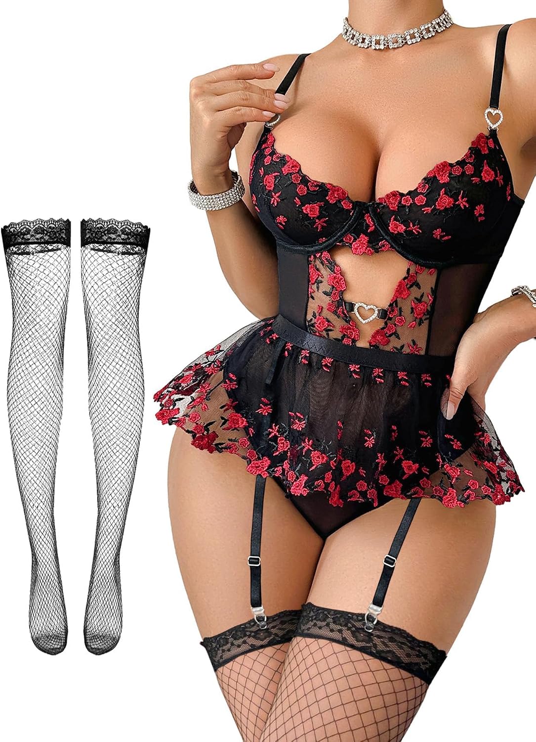 Red Lace Mesh Lingerie Set - Image 38