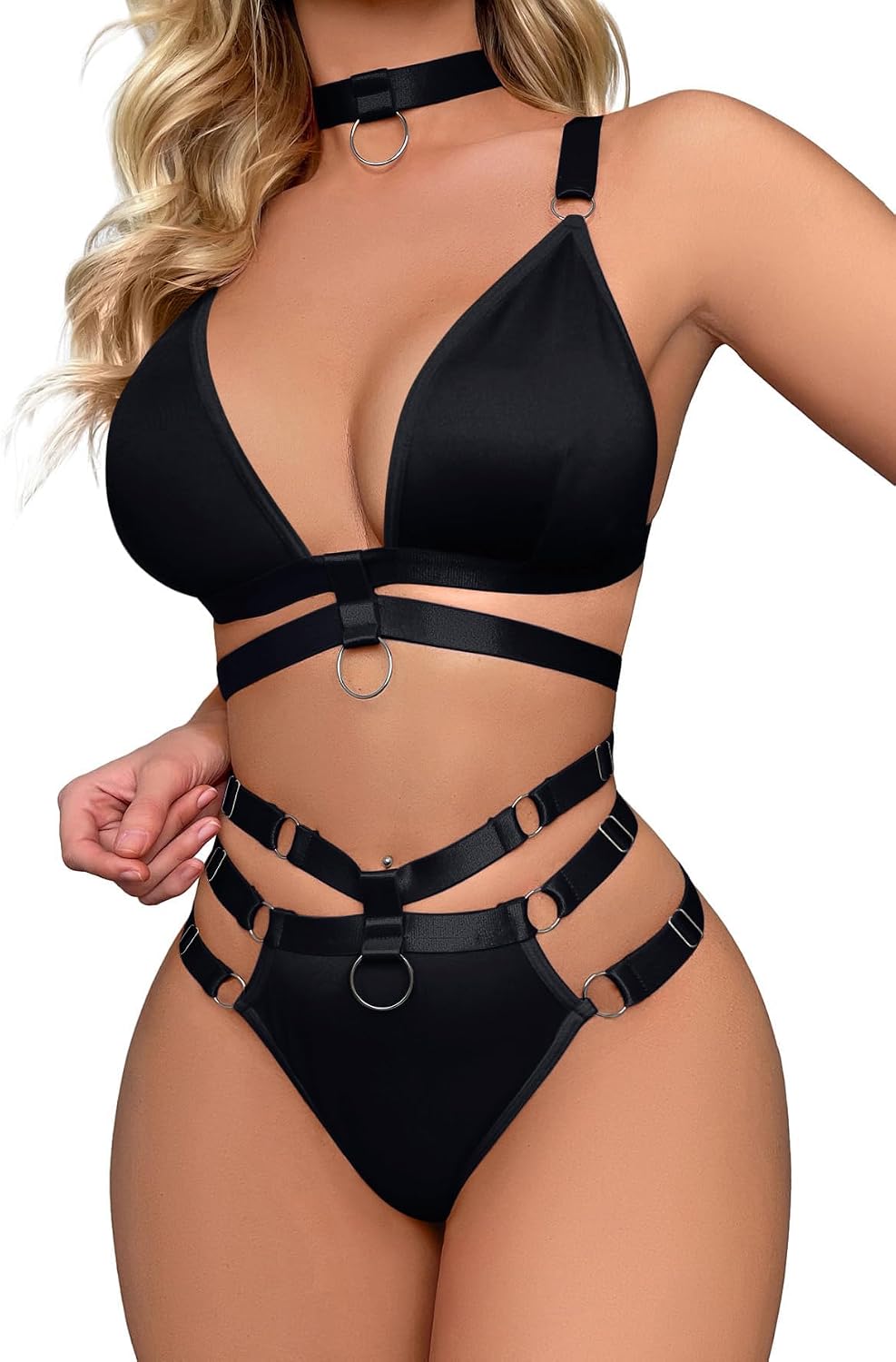 Black Strappy Lingerie Set with O-Rings - Image 9