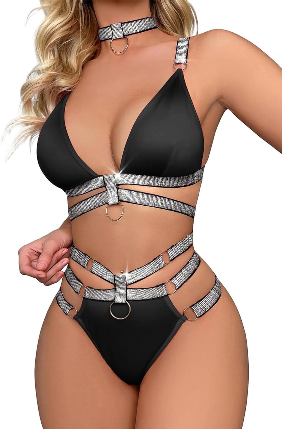 Black Strappy Lingerie Set with O-Rings