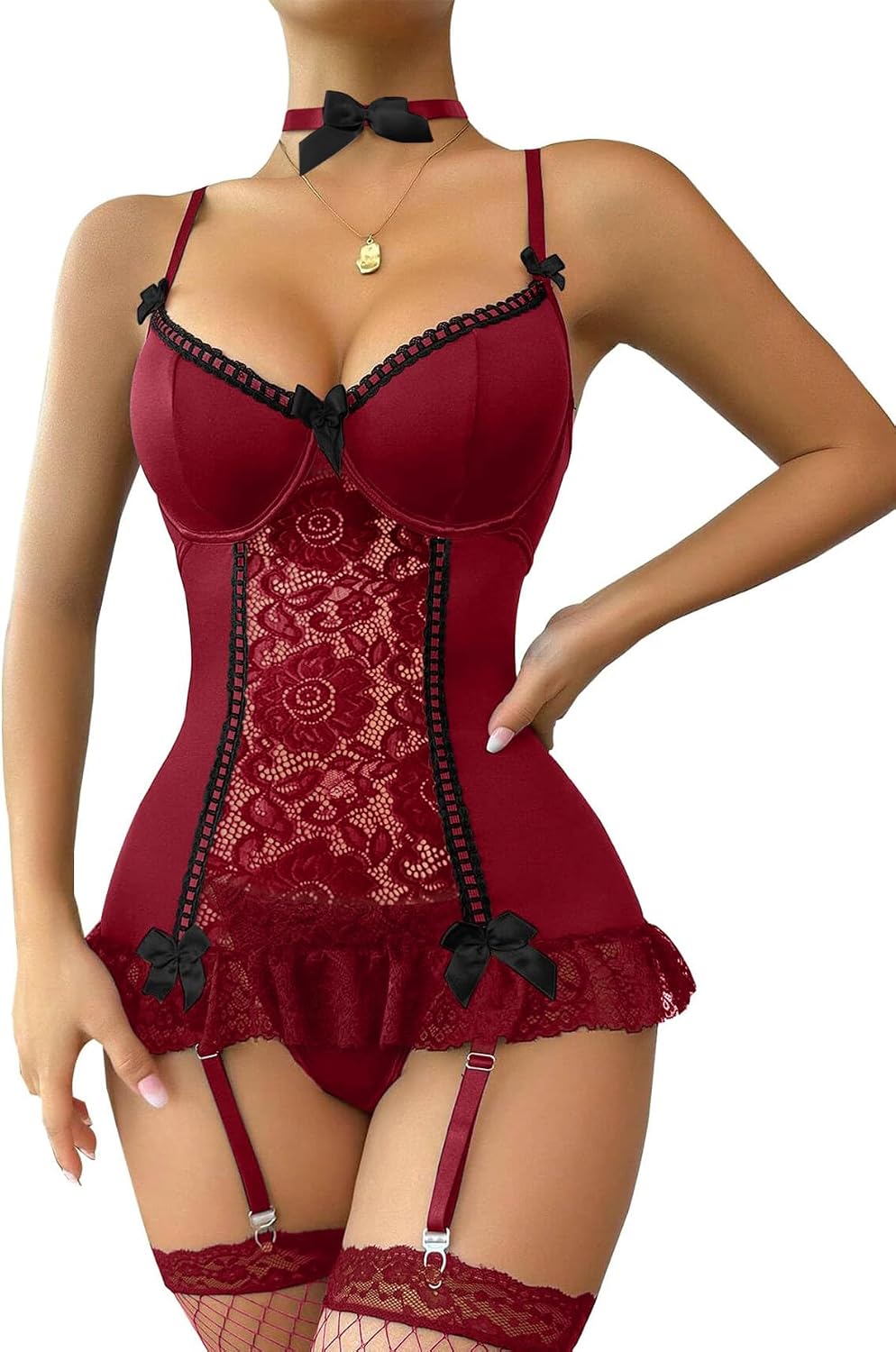 Red Velvet Lace Lingerie Set - Image 8