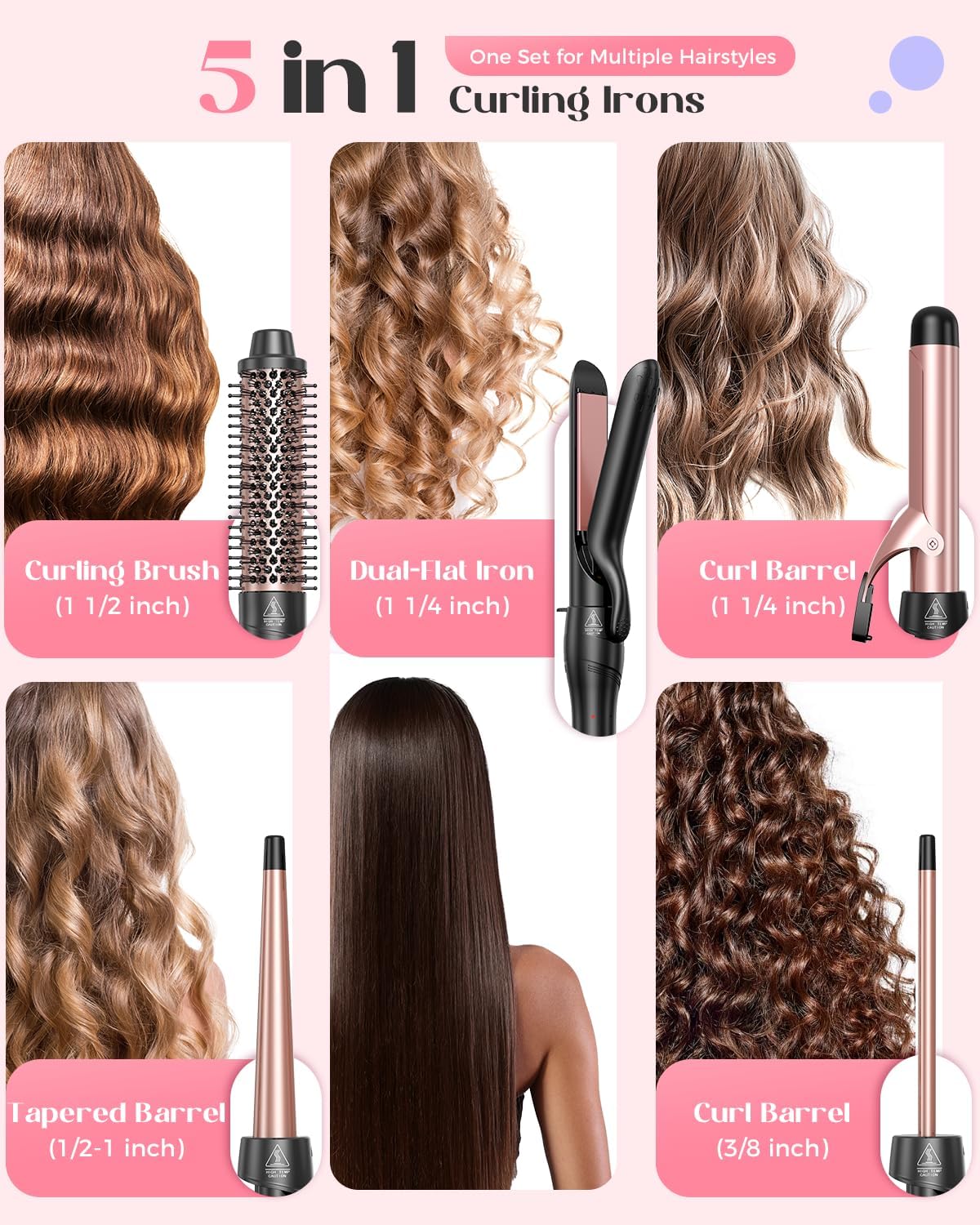 5-in-1 Curling Iron Set with 4 Ceramic Barrels and Thermal Brush, 0.5 to 1.5 in