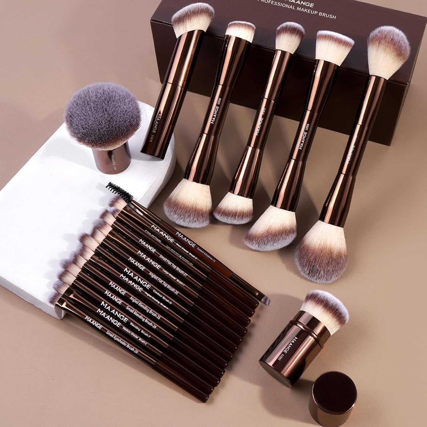 Double-Ended Makeup Brush Set with Gift Box - 20 Pieces, Coffee Brown